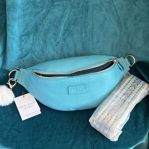Pom Pom London Blue Leather Crossbody Bag Gold Hardware Adjustable Strap